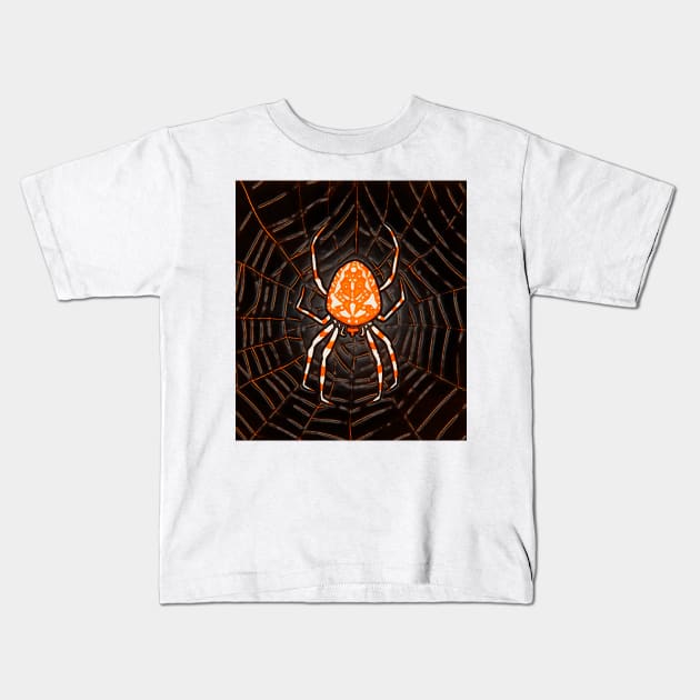 Pumpkin colored spider in black spider house on halloween Kids T-Shirt by Marccelus